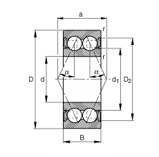 角接觸球軸承 3001-B-2RSR-TVH, 雙列，雙側(cè)唇密封，接觸角 α = 25°